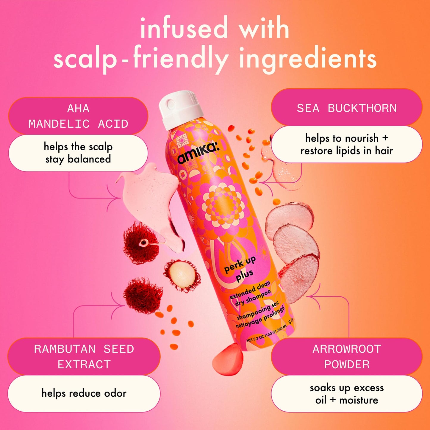 amika Perk Up Plus Extended Clean Dry Shampoo, 2.5oz | revitalizes roots + boosts time between washes with no residue or build up | for all hair types