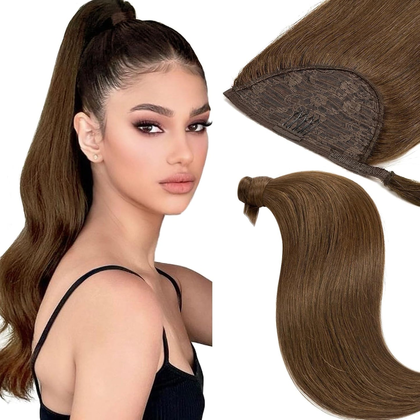 Loxxy Human Hair Ponytail Extension - Chocolate Brown Clip-In Wrap Around 16 Inch, 80g Long Straight Hair