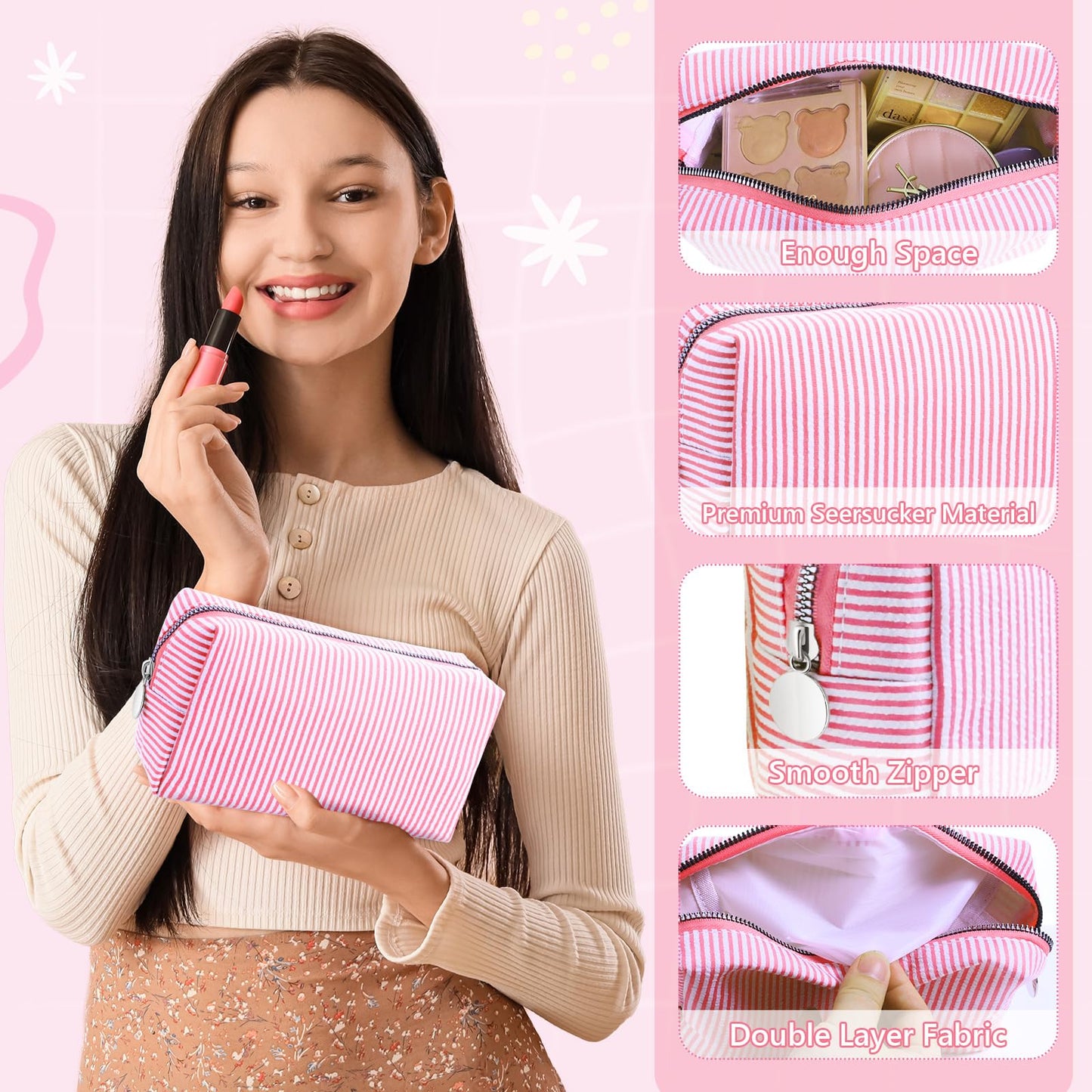 Giesiery 8 Pcs Seersucker Makeup Bags Striped Cosmetic Bags Bulk Organizer for Women Preppy Travel Toiletry Pouch for Wedding Bridesmaid Gifts (Mixed Color, Medium)