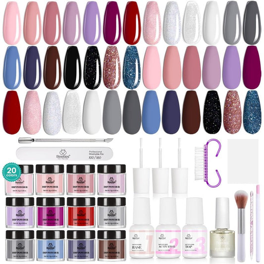 Beetles Dip Powder Nail Kit - 20 Colors Including Nude, Pink & Blue Glitter | Complete Manicure Set with Base, Top Coat & Activator