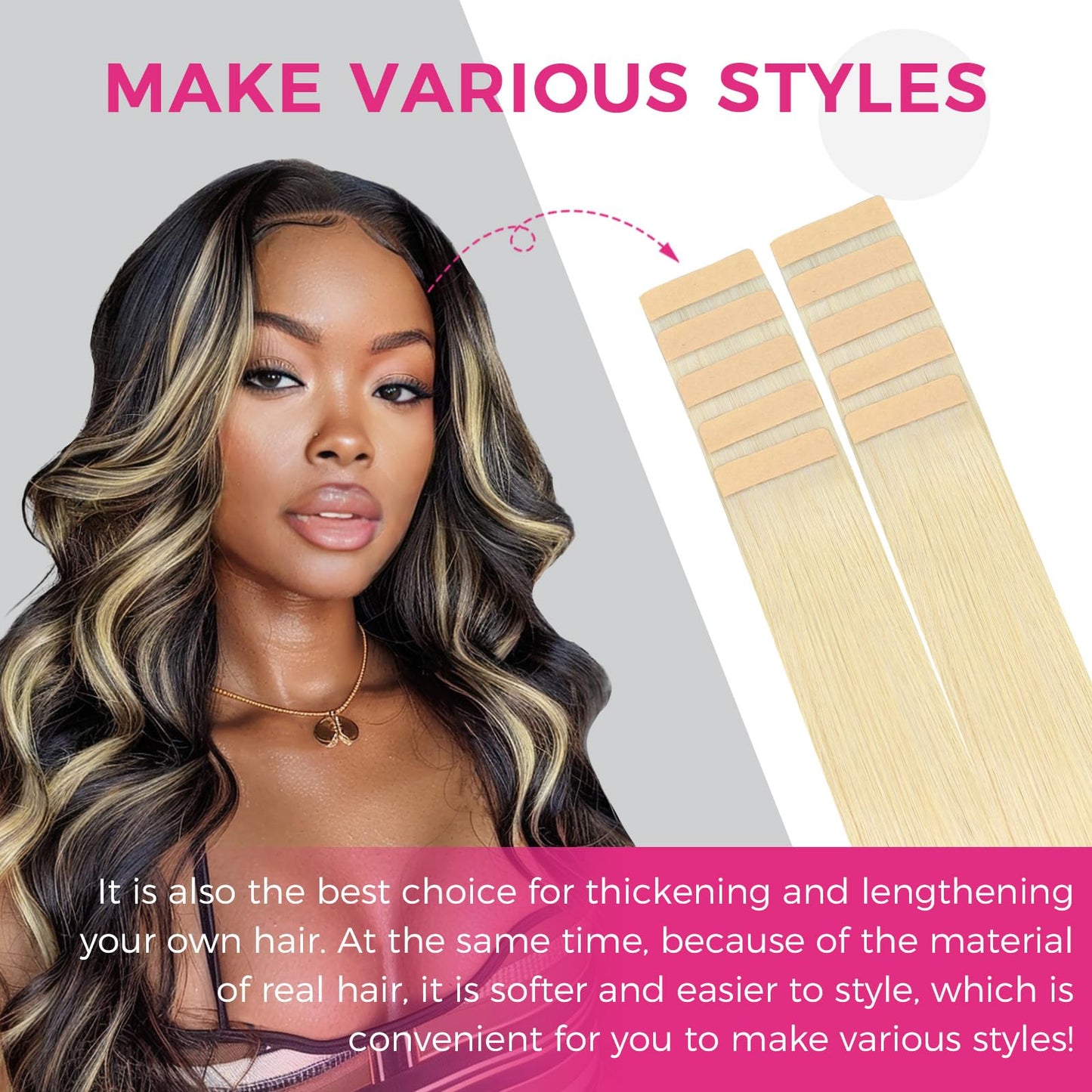 Lashey Tape in Hair Extensions 25g 10pcs 18 Inch Straight Balayage Natural Black to Light Blonde Highlighted Hair Extensions Tape in Hair for Women