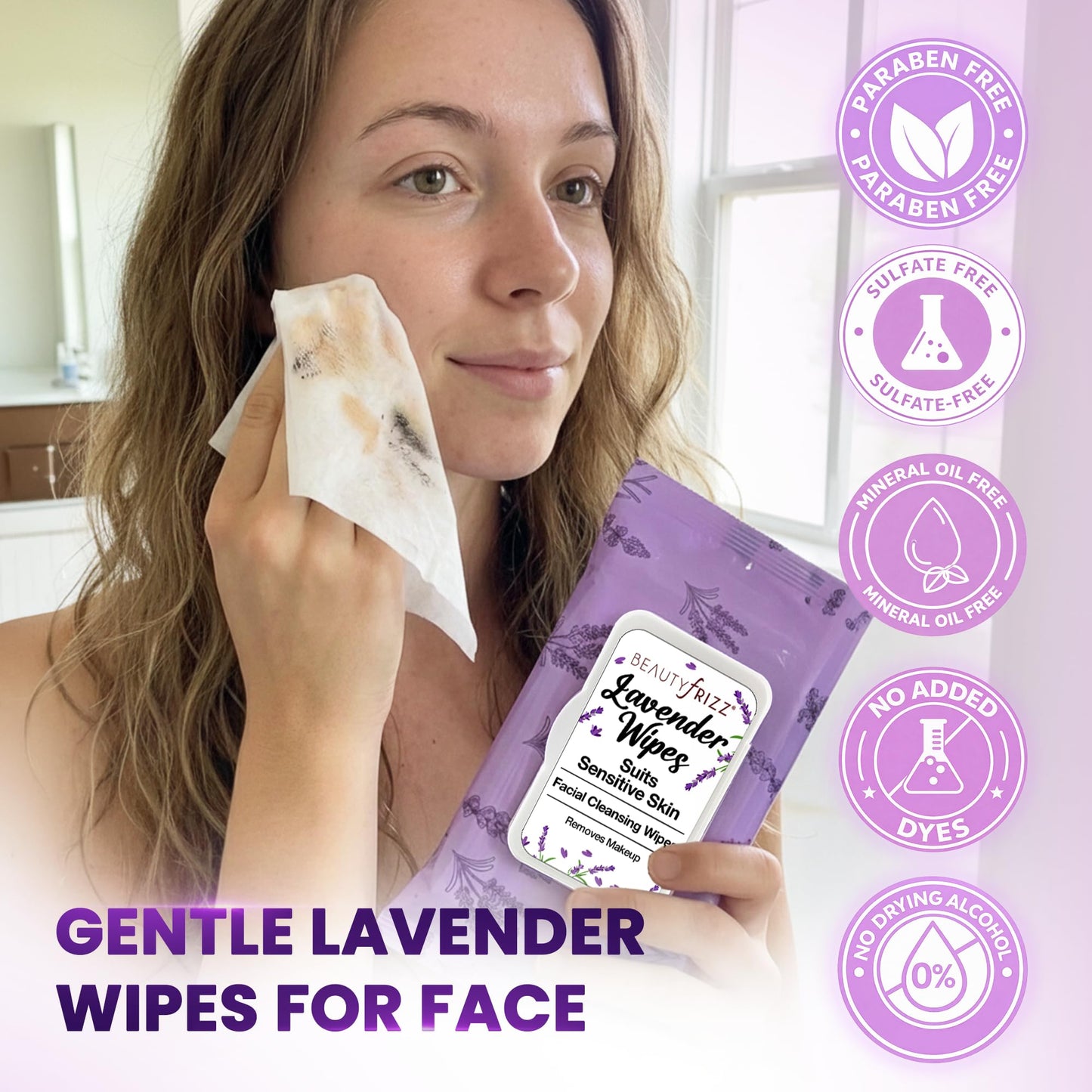 BeautyFrizz Lavender Face Wipes - Gentle No Rinse Makeup Remover and Facial Cleansing Wipes - Contains Aloe, Castor, Vitamin A and E - Suits Sensitive Skin - Moisturizing - Extra Soft (120 pcs)