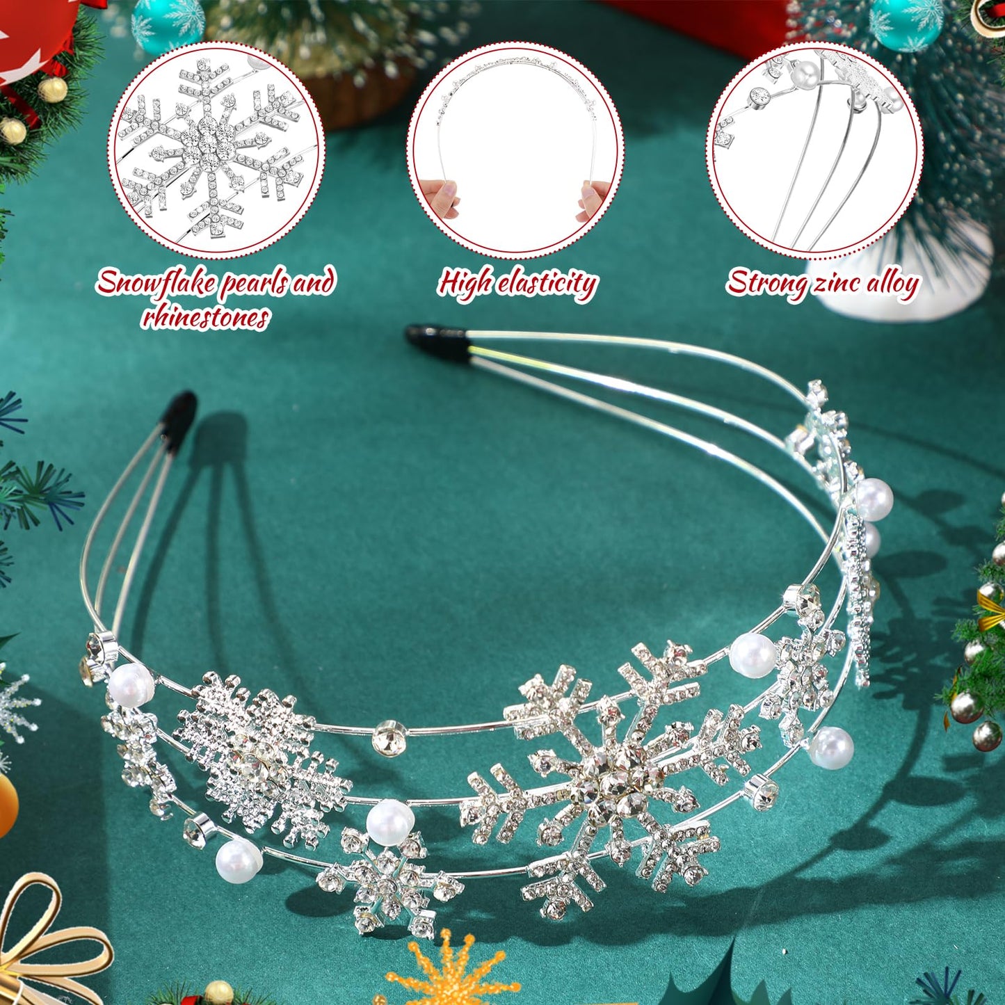 Hoteam 2 Pcs Christmas Headband Silver Snowflake Pearl Rhinestone Headbands for Women Winter Christmas Party Decoration Holiday Hair Hoop Accessory Gifts