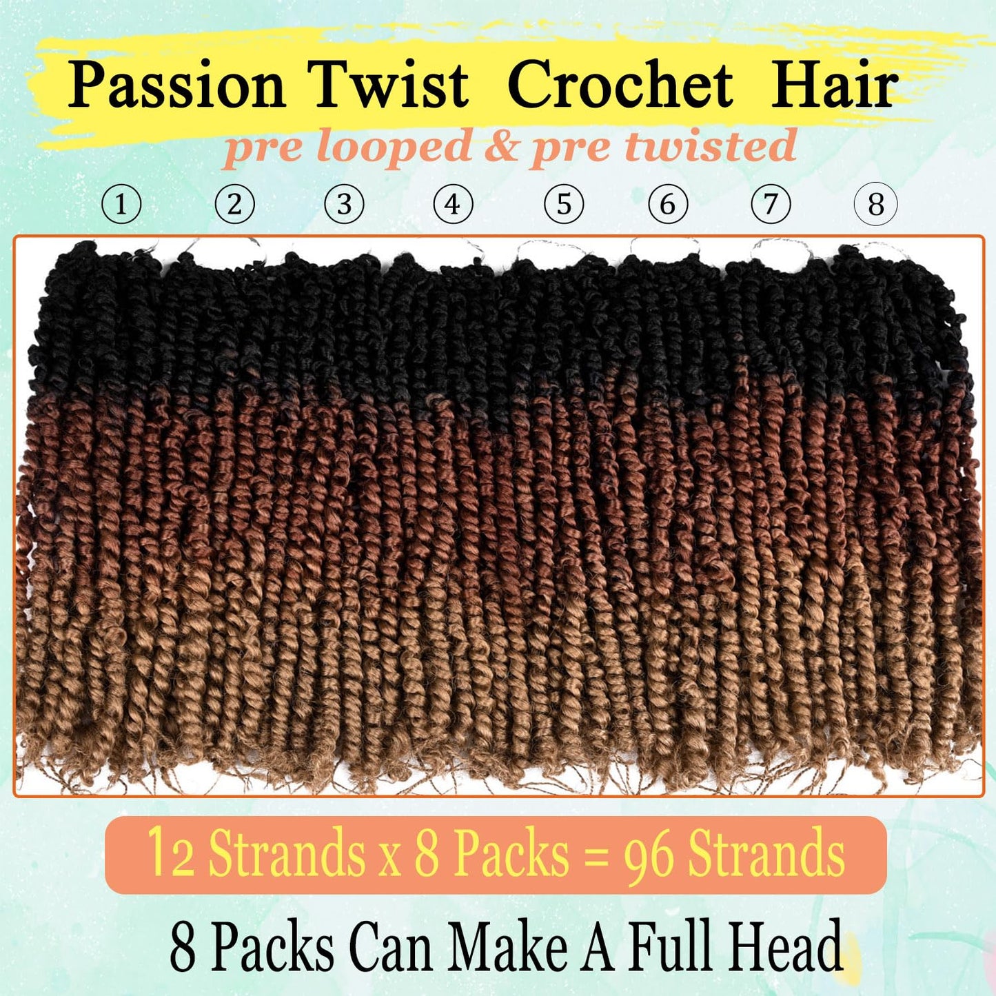 14 Inch Passion Twist Crochet Hair for Black Women 8 Packs Pre-twisted Passion Twist Crochet Braids Pre-looped Bohemian Twist Synthetic Braiding Hair Extensions (12Strands/Pack; T1B/30/27#)