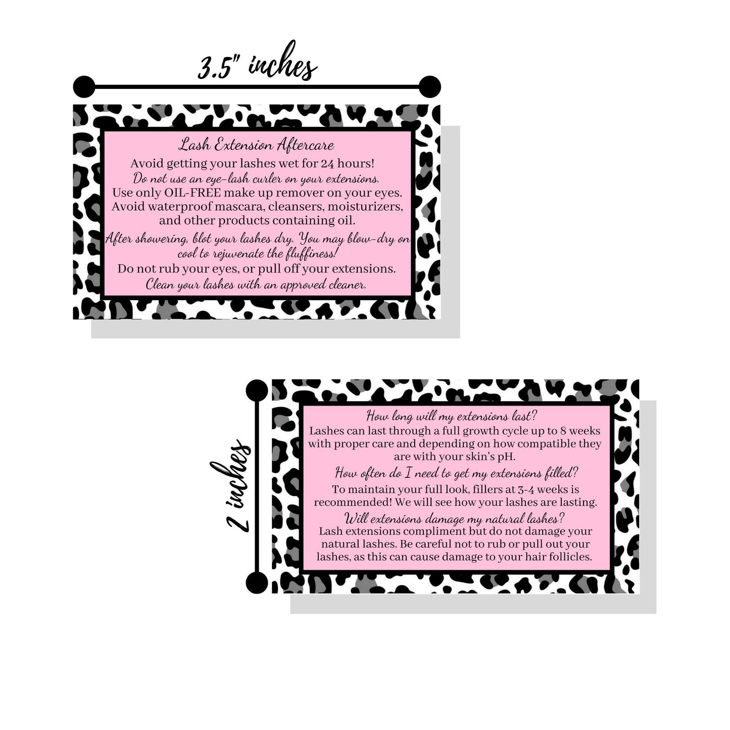 Lash Extension Aftercare Instructions Cards | Package of 50 | Leopard Print with Pink Inlay Design Double Sided Size 3.5 x 2" inches After Care (3-4 Week Fillers)