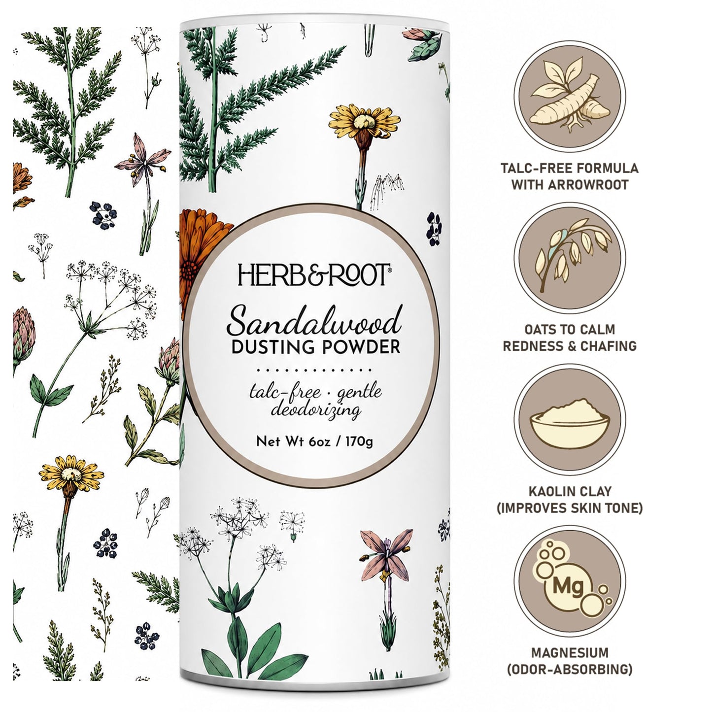 Sandalwood Talc-Free Dusting Powder with Arrowroot, Oats, Zinc & Magnesium - Body & Foot Powder for Women, Chafing & Deodorizing (Sandalwood)