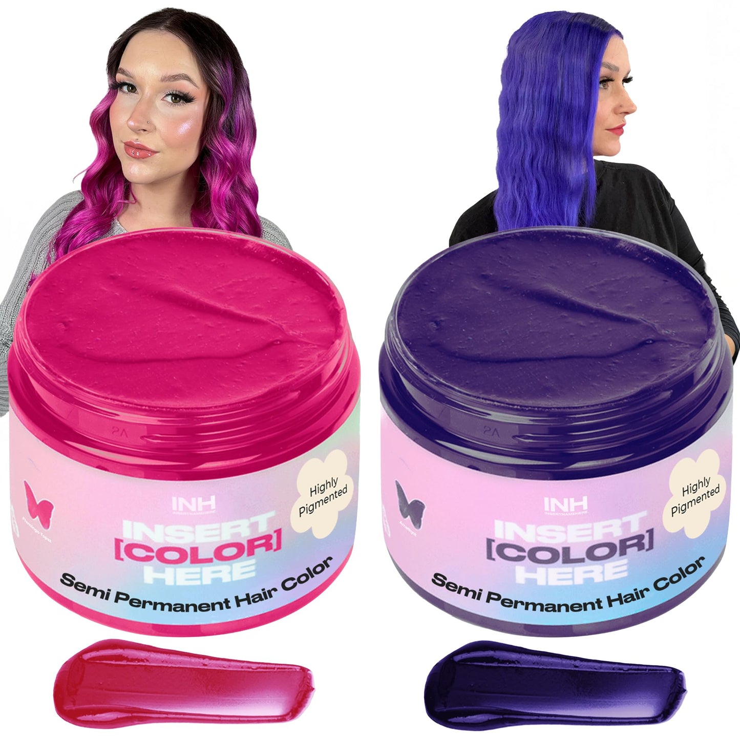 INH Hair Dye Set - Flamingo Topaz Pink & Amethyst Dark Purple Semi Permanent Hair Color Duo, Vegan Color Depositing Conditioner, Ammonia & Sulfate-Free, No Bleach, No Peroxide, Ready to Use, 6oz