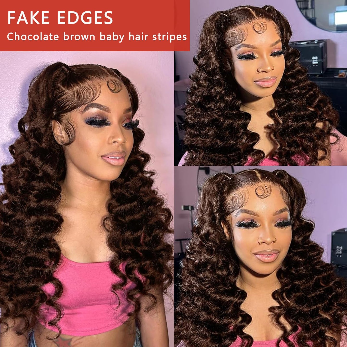 XRDDFL Fake Edges Real Human Hair Pieces HD Lace Front Wig - Chocolate Brown, 4 Pcs, Reusable Invisible Lace Hairline, 4# Colored Baby Hair Stripes