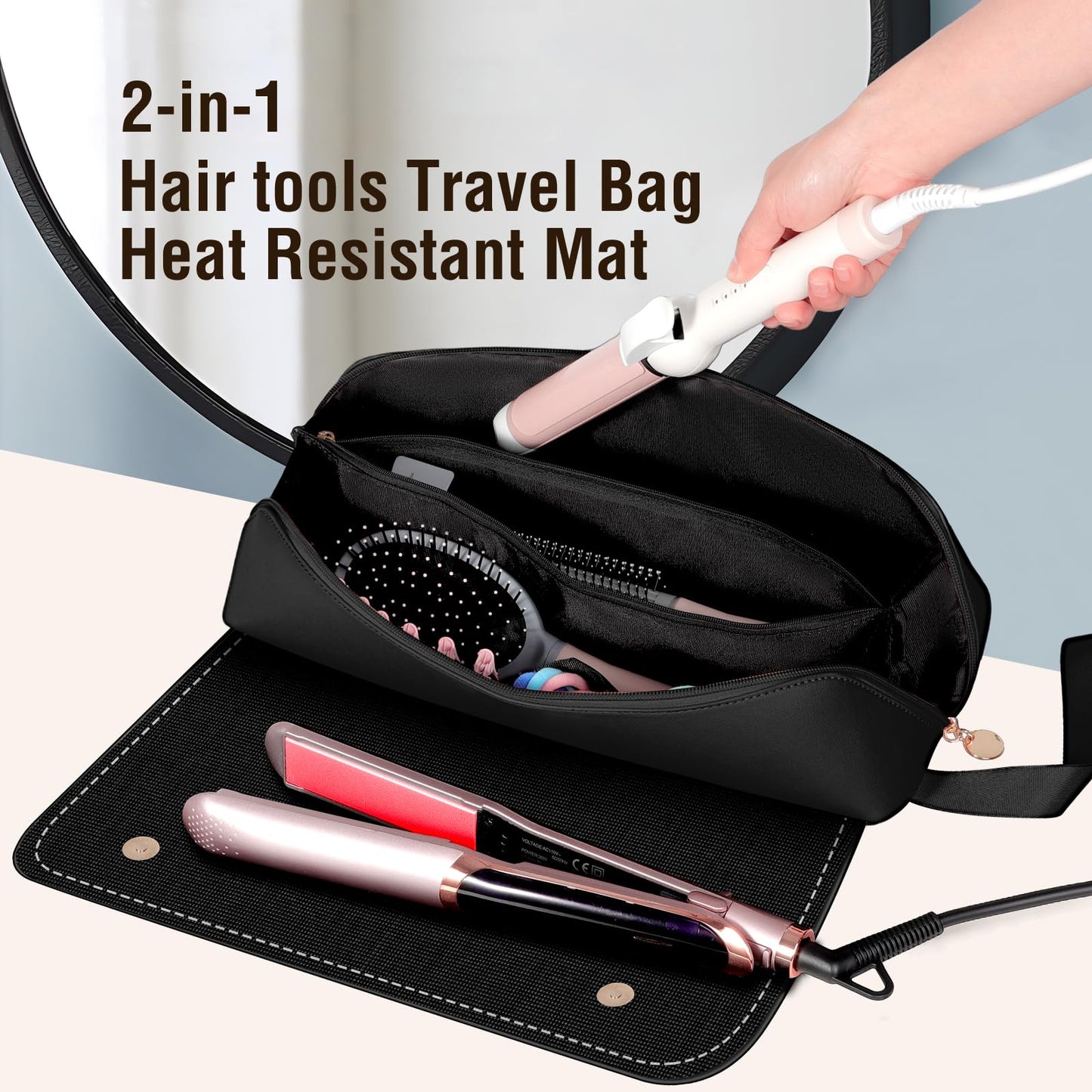 SS Hair Tools Travel Bag and Heat Resistant Mat for Hot Tools, Leather Curling Iron Case, Portable Essentials for Women, Black