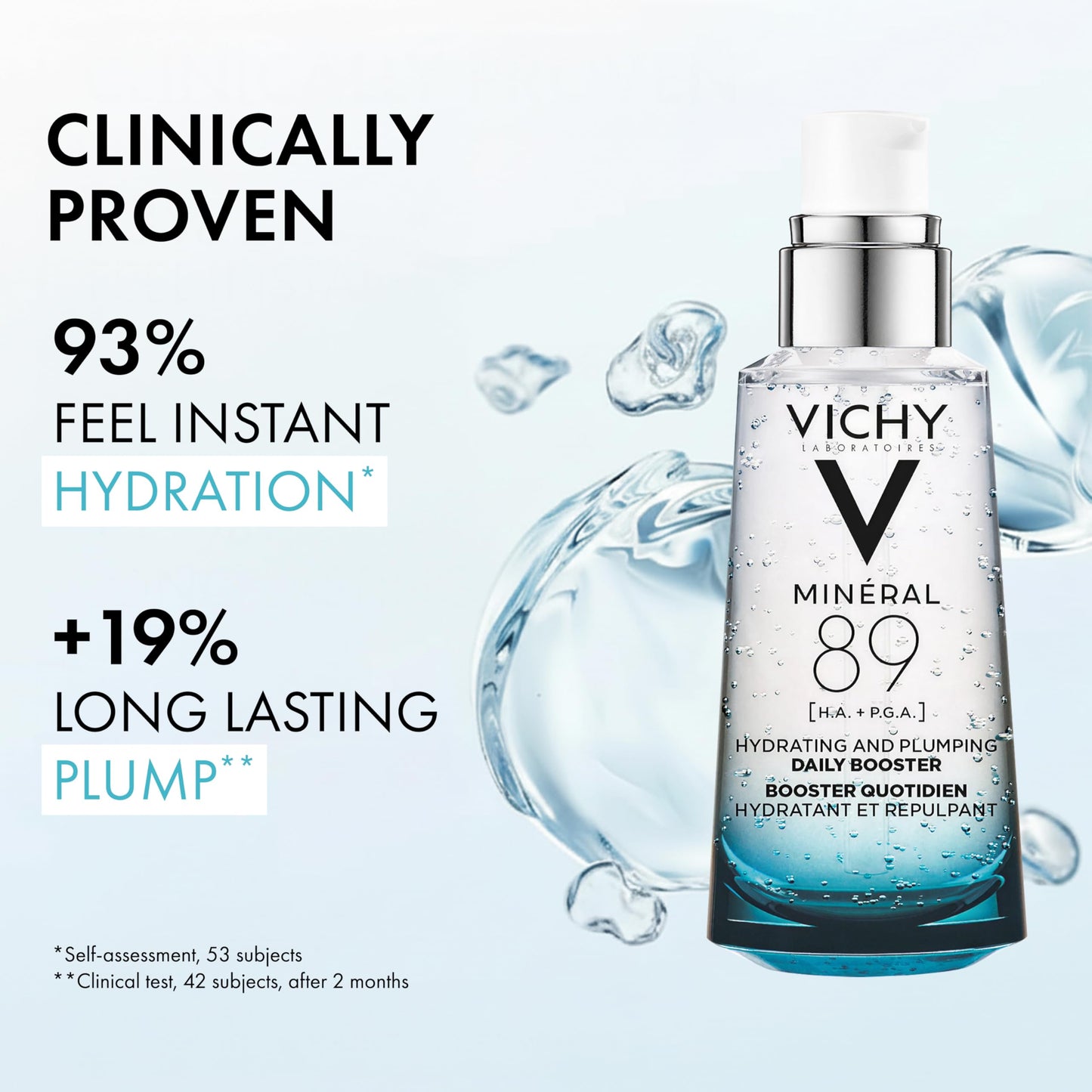 VICHY Mineral 89 Booster, Pure Hyaluronic Acid Serum for Face with Polyglutamic Acid for Skin Barrier Repair, Plumps & Hydrates, Lightweight Hydrating Serum, Oil-Free, Non-Sticky, 1.69 Fl Oz