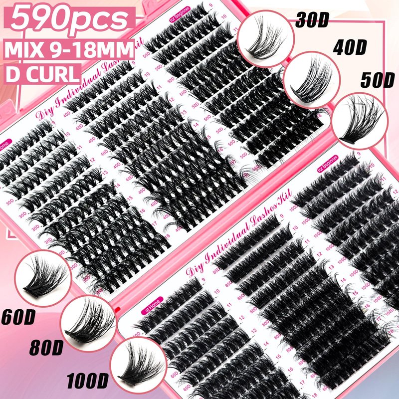 QUKLOGEN DIY Lash Extension Kit 930Pcs D Curl 9-18mm Lash with Lash Bond and Seal,Quick Glue Remover Lash Shampoo Cleansing Brush Headband Wristband Tweezers Eyelash Brush Mini Applicator