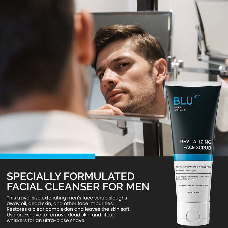 Face Scrub for Men by Blu42 – Exfoliating Facial Cleanser with Natural Ingredients – Deep Clean for Oily & Acne-Prone Skin – 4 oz