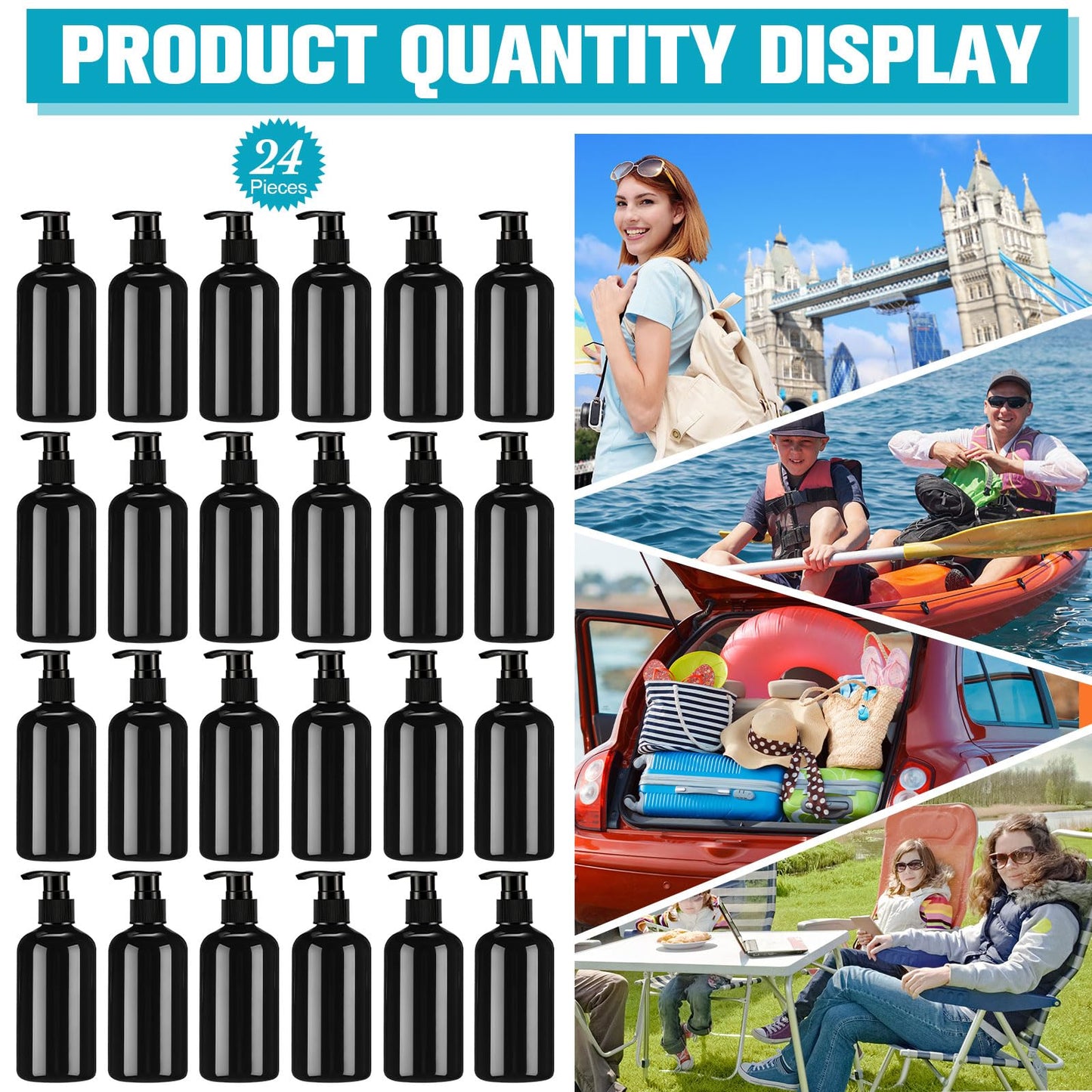 CroBlissful 24 Pcs Empty Plastic Pump Bottles 8oz Refillable Lotion Pump Bottle Containers with Dispenser for Shampoo, Conditioner, Face Cream, Massage Oil, Liquid Soap (Black)