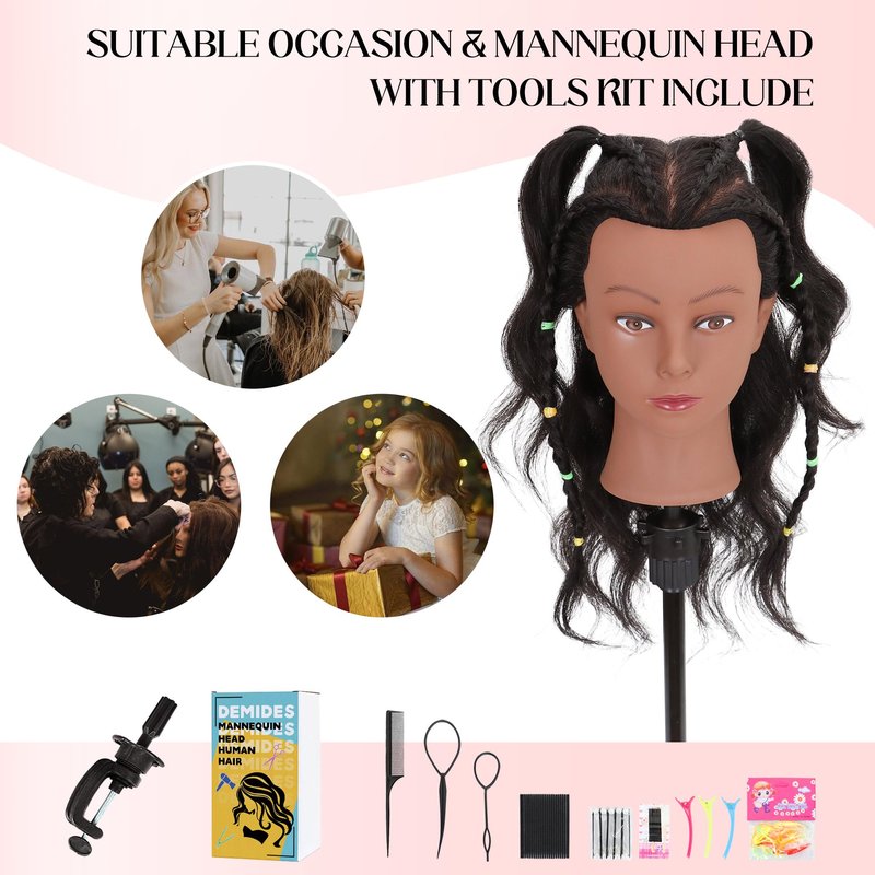 Mannequin Head 100% Real Human Hair 16", Mannequin Head Human Hair Cosmetology Doll Head for Hair Styling, Manikin Head for Braiding with Clamp Holder（Black）