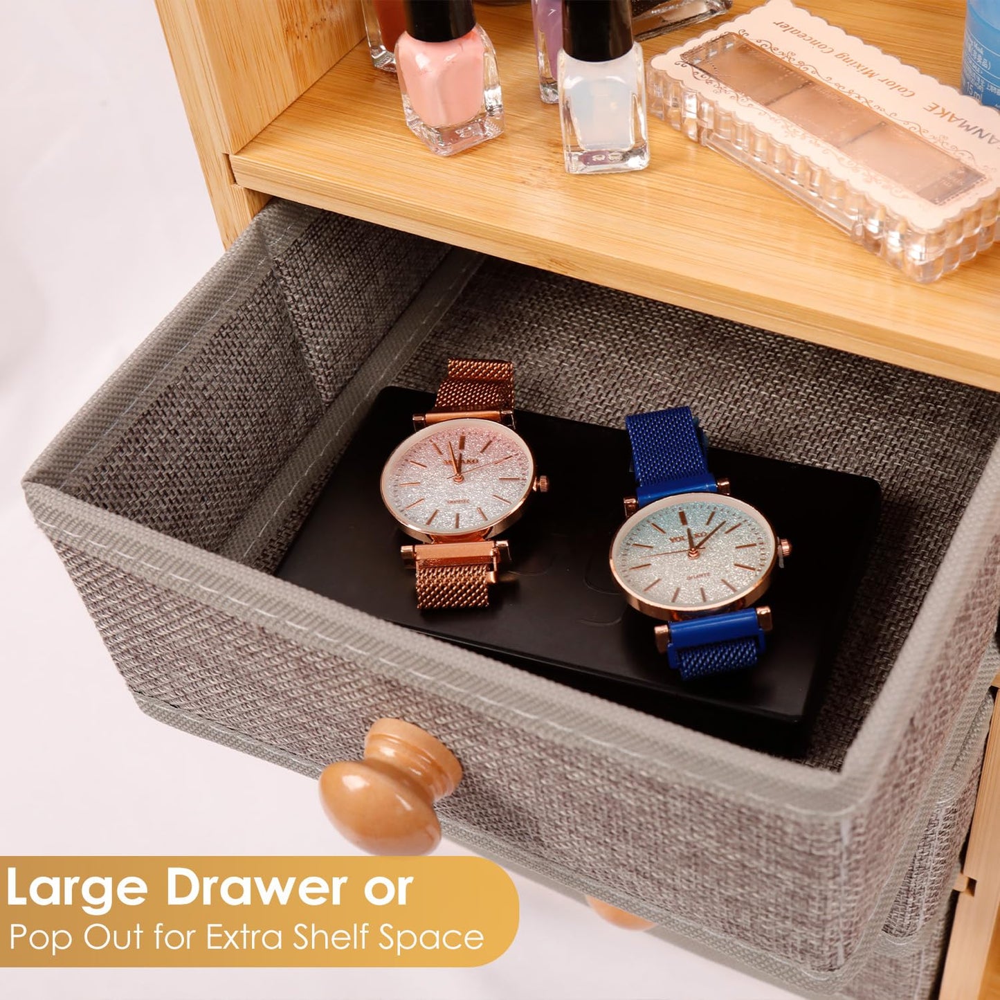 Large Makeup Organizer Countertop For Vanity Dresser, Bamboo Bathroom Counter Organizers And Storage,Cosmetic Skincare Perfume Organizer With 3 Makeup Brush Holder/2 Drawers/5 Shelves /8 Compartments