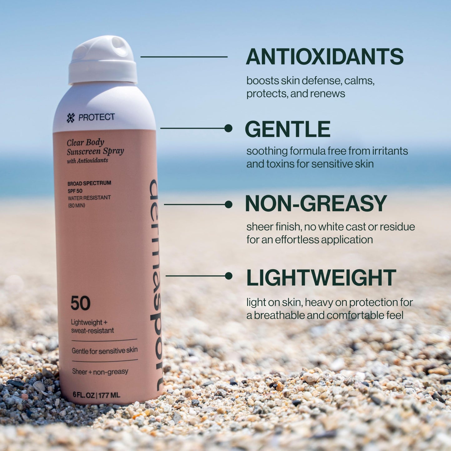 Dermasport Sunscreen Spray SPF 50, Clear Body Spray Sunscreen, Broad Spectrum, Water Resistant (80 Min), Fragrance-Free for Sensitive Skin, Non-Greasy, No White Cast, 6 oz