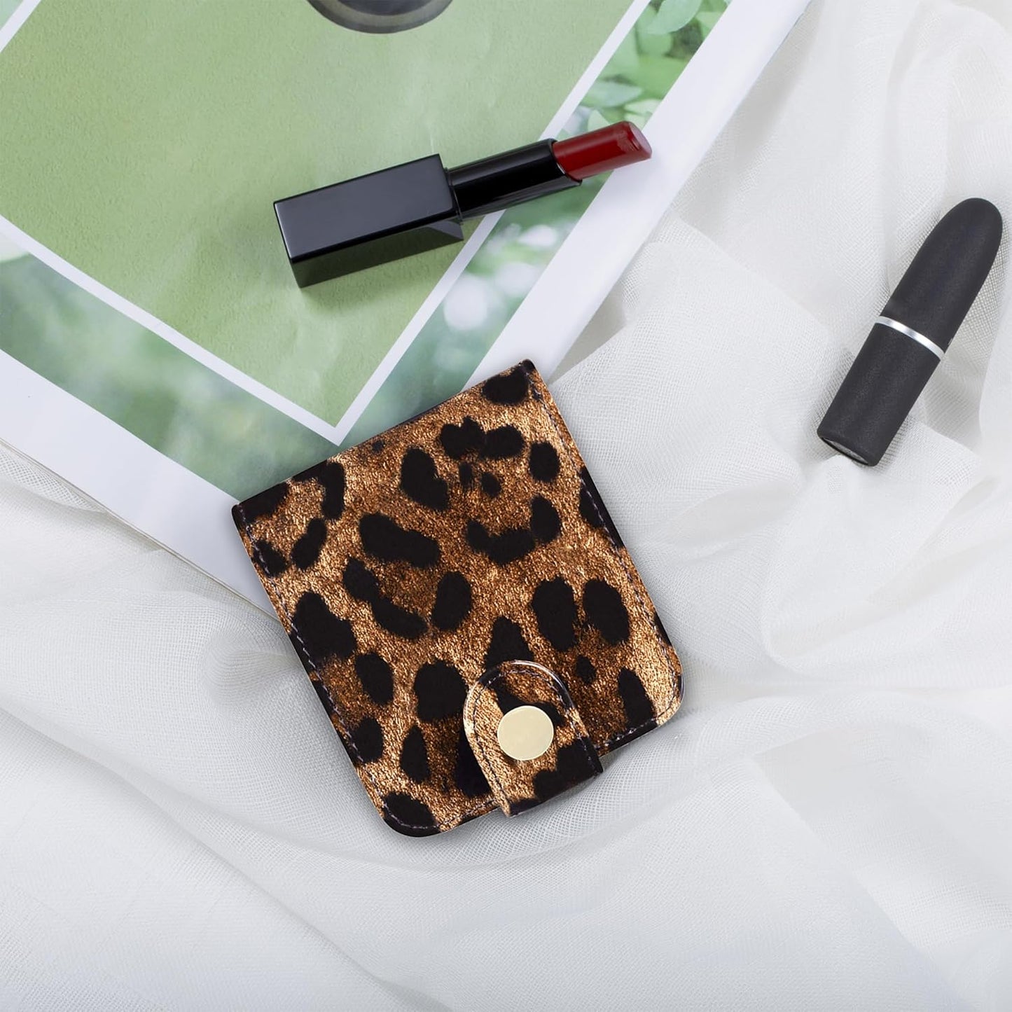 Leather Lipstick Case with Mirror - Women's Portable Travel Cosmetic Pouch | Mini Bright Red Makeup Bag