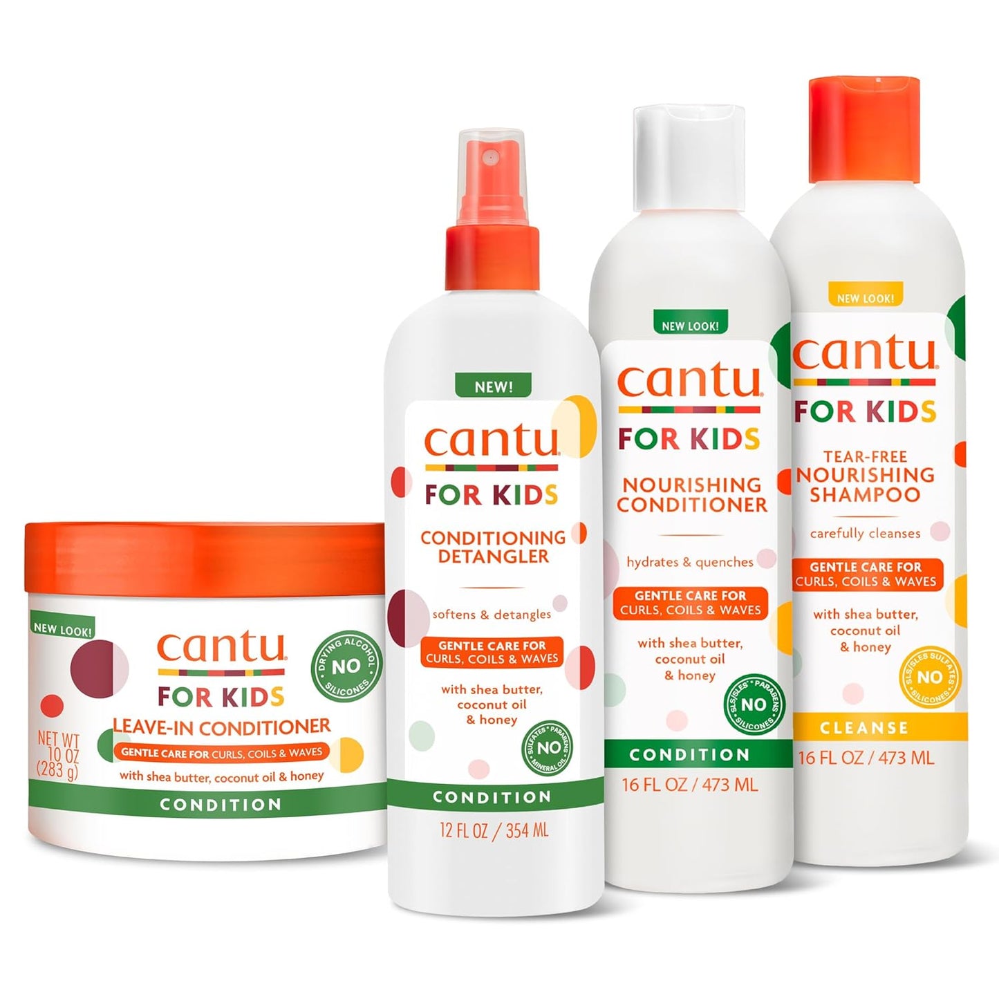 Cantu Kids Haircare Set - Shampoo, Conditioner, Detangler & Leave-In | Large Size Pack of 4