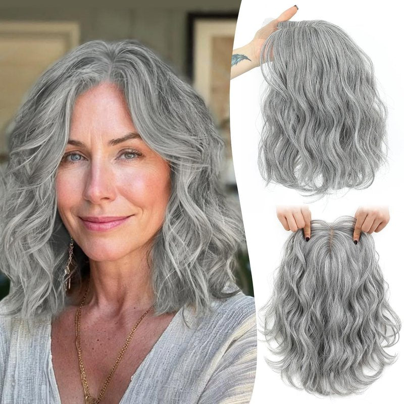 Ms Taj 11 Inch Short Wavy Salt and Pepper Hair Topper for Women with Thinning Hair, Natural Synthetic Lightweight Hairpiece for Women with 6.5"x6.5" Base, Instantly Adds Volume（Silver Grey）