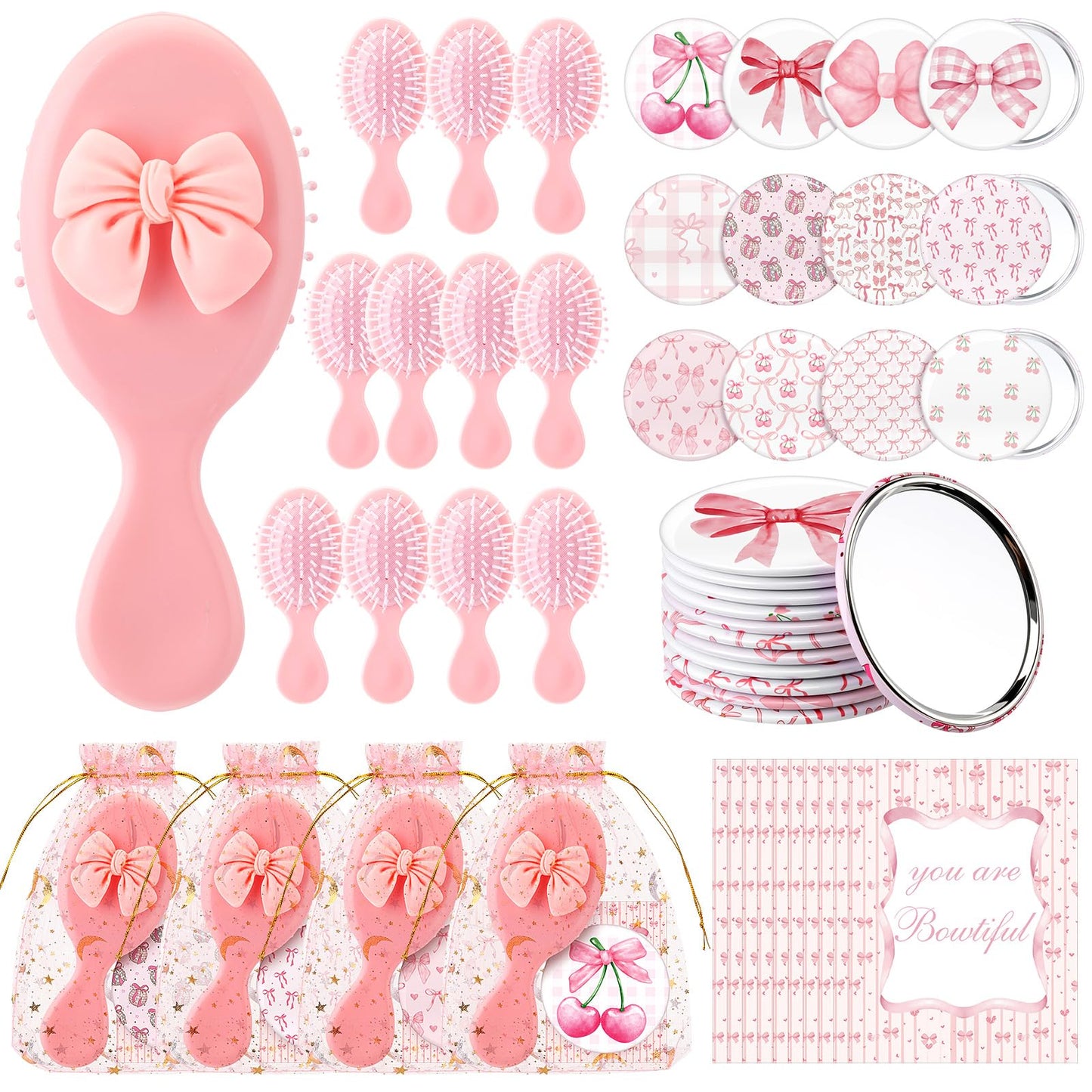 Ferrochef 48 Pcs Bow Themed Party Favors Gifts Bownot Mini Hair Brush Comb Bow Compact Mirror with Inspirational Cards Gift for Girls Princess Coquette Baby Shower Birthday Party(Cute,Pink)