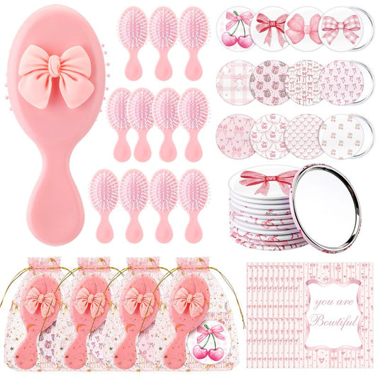 Ferrochef 48 Pcs Bow Themed Party Favors Gifts Bownot Mini Hair Brush Comb Bow Compact Mirror with Inspirational Cards Gift for Girls Princess Coquette Baby Shower Birthday Party(Cute,Pink)
