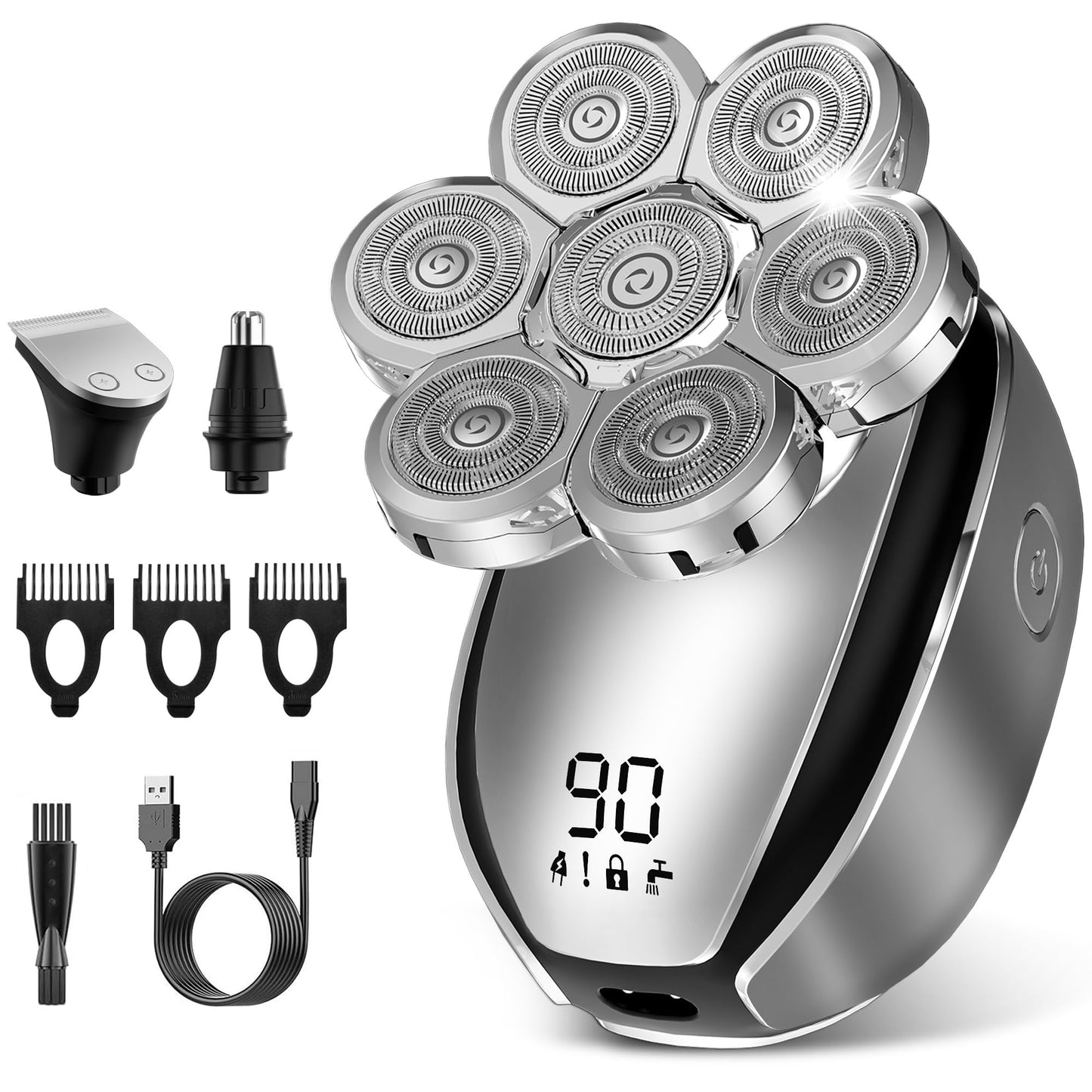 Head Shavers for Bald Men, Electric Razor for Bald Men, Waterproof Head Shavers, 3 in 1 Grooming Kit, 7D Rechargeable Rotary Shaver with Led Display