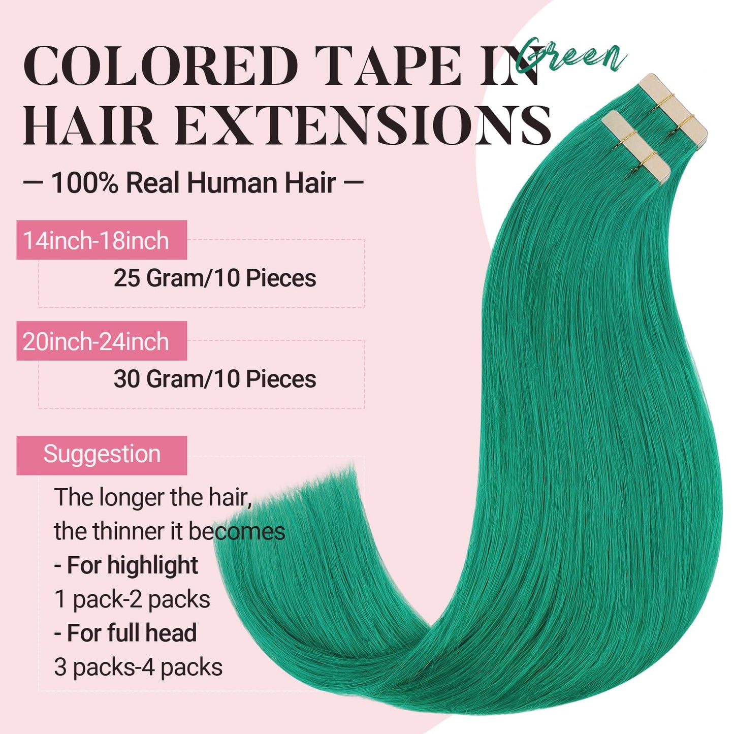 MAXITA Tape in Hair Extensions Human Hair Green Tape in Extensions 20 Inch 10pcs 30g Remy Invisible Silky Straight Colored Soft Real Human Hair