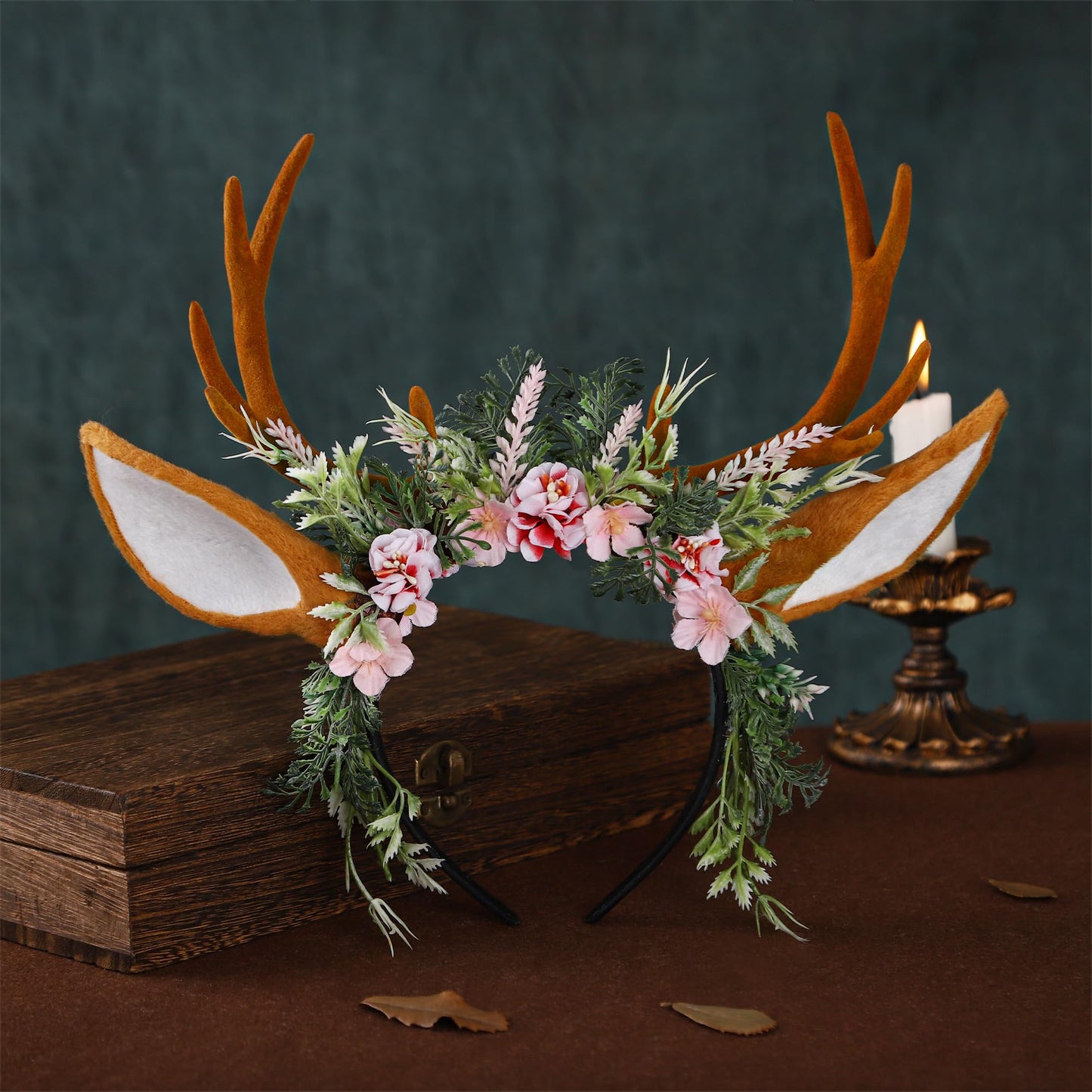 MOSTORY Handmade Antler Headband Brown - Adjustable Reindeer Horns Crown with Ears Fairy Flower Woodland Headpiece for Renaissance Christmas Cosplay Prom Fae Ball Costume Photo Prop