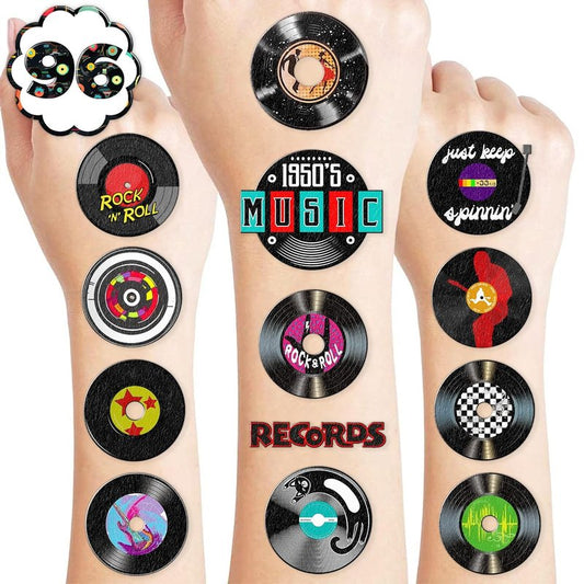 125 PCS Music Vinyl Records Temporary Tattoos - Colorful Rock and Roll Party Favors for Kids | Disco Decor Stickers