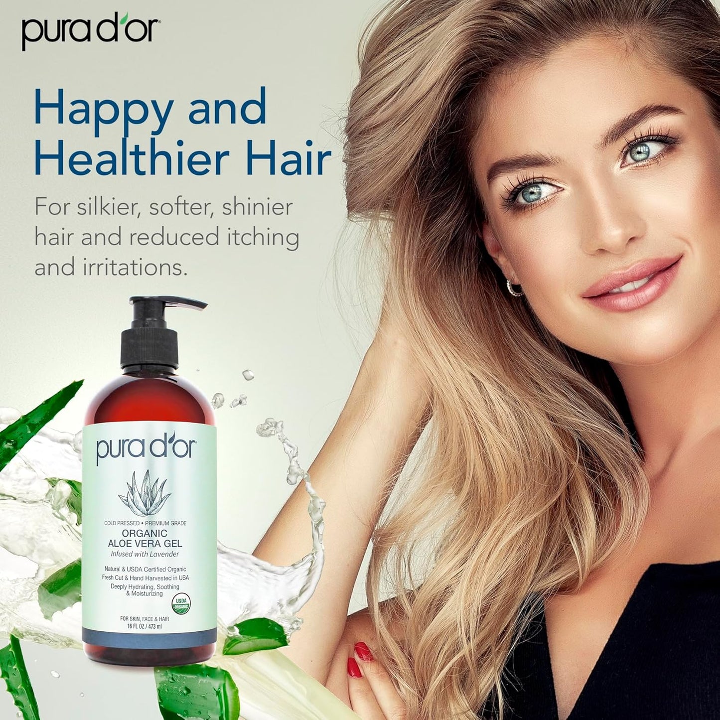 PURA D'OR Organic Aloe Vera Gel - Lavender Hydration for Skin & Hair | 16 Oz - All Natural, No Preservatives