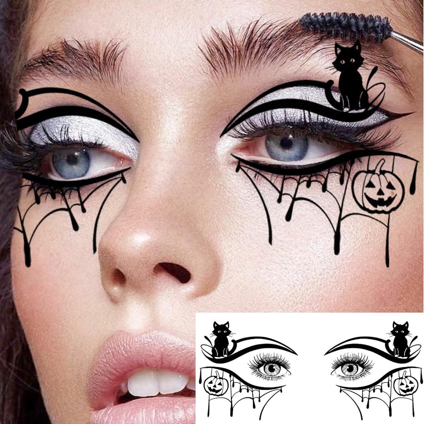 Halloween Eye Shadow Temporary Tattoos - 7 Sheets of 3D Spider Web & Cat Skull Designs | Fun Makeup Accessories for All Ages