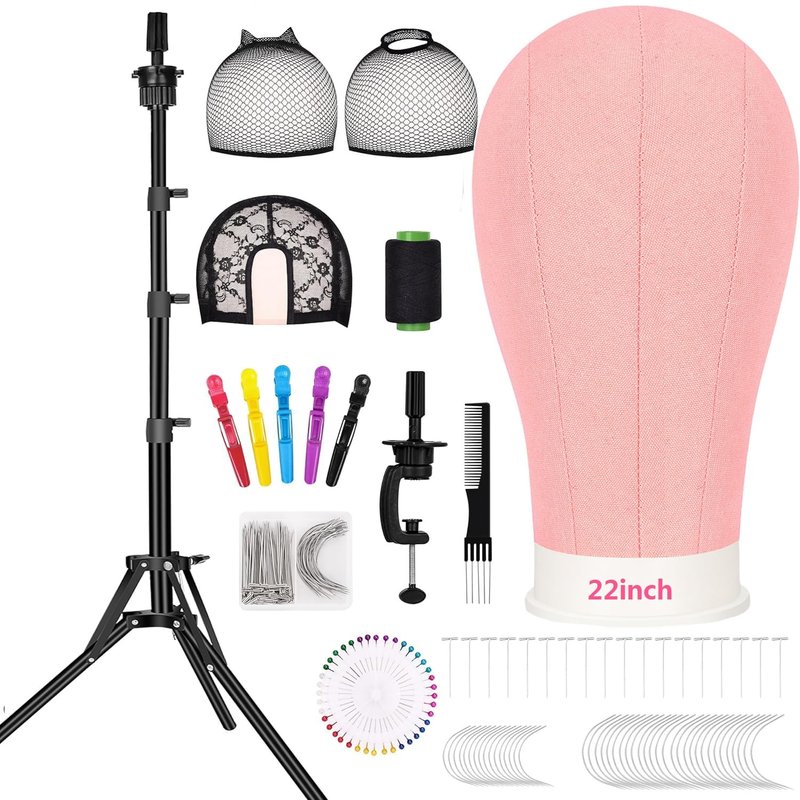 63-Inch Tall Wig Stand Tripod with 22-Inch Mannequin Head | Adjustable Holder & Wig Caps Kit for Styling Multiple Wigs