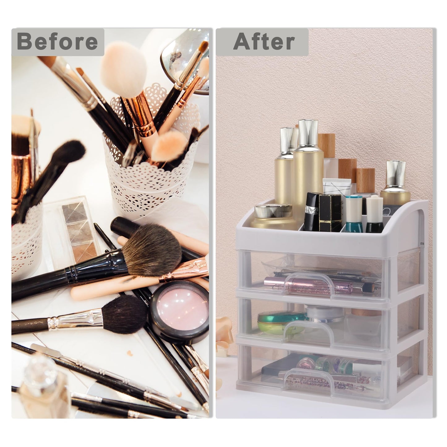 VOCOSTE Makeup Organizer Countertop, 3 Clear Drawers Makeup Organizer, Skincare Organizers for Lotions Lipstick Brushes, Make Up Organizers for Counter, Clear, White