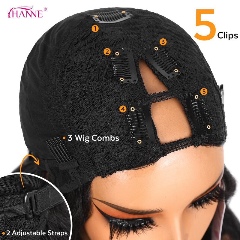 HANNE Yaki Curly V Part Wig U Part Synthetic Half Wigs for Black Women 22 Inch Heat-Resistant Hair Replacement Wig (Natural Black)