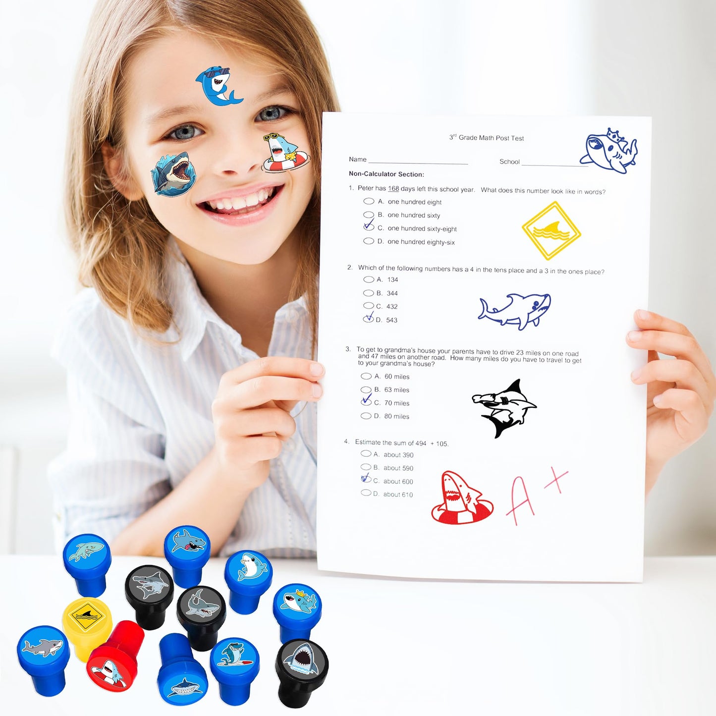 INKSOMOBA 36PCS Shark Party Favors - 24PCS Temporary Tattoos & 12PCS Stamps - Ideal Beach Ocean Animal Themed Birthday Card Decorations Supplies Goodie Bag Cute Rewards for Boys Girls Classroom Gifts