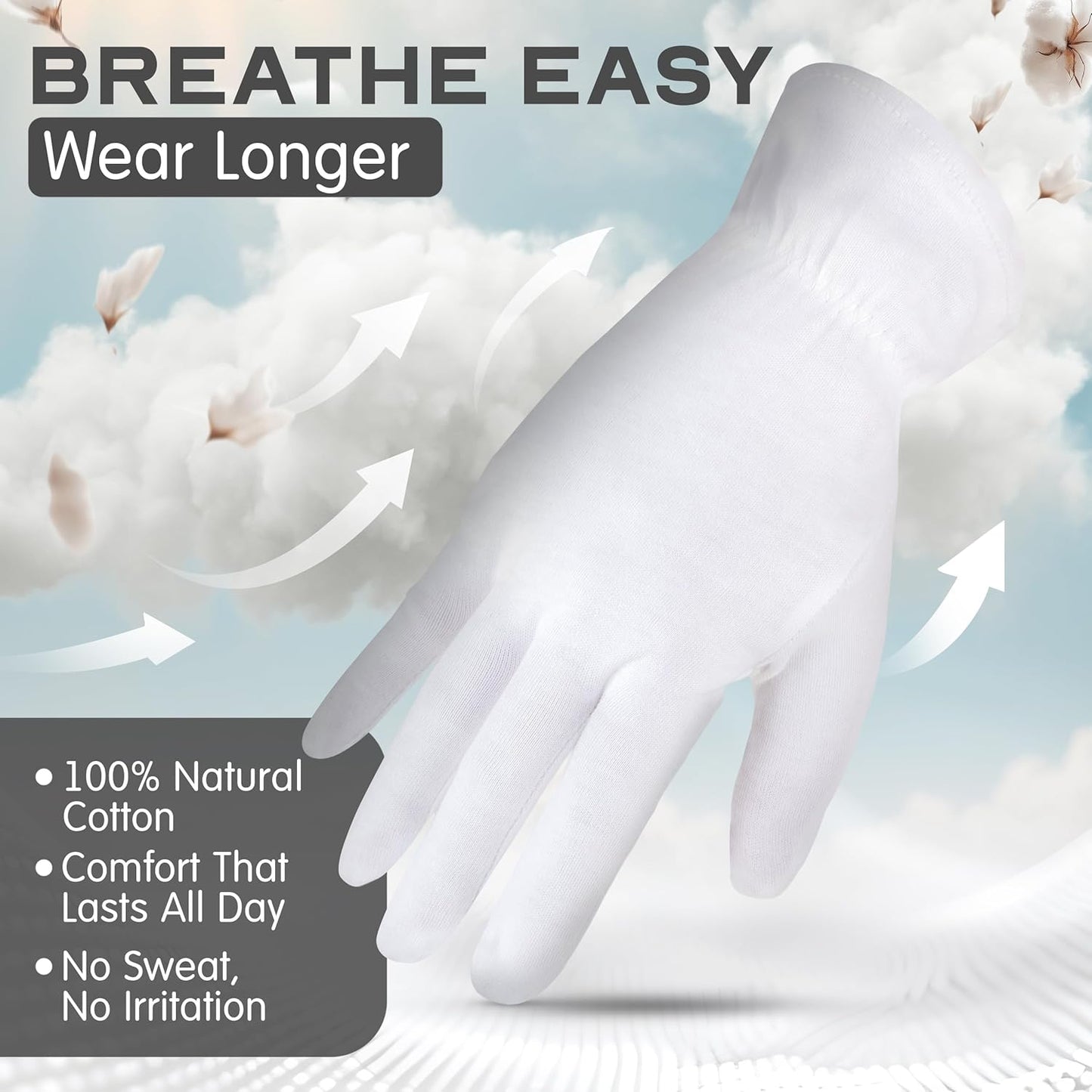 White Cotton Gloves for Dry Hands - 8 Pairs of Washable Overnight Moisturizing Gloves | Breathable for Men & Women