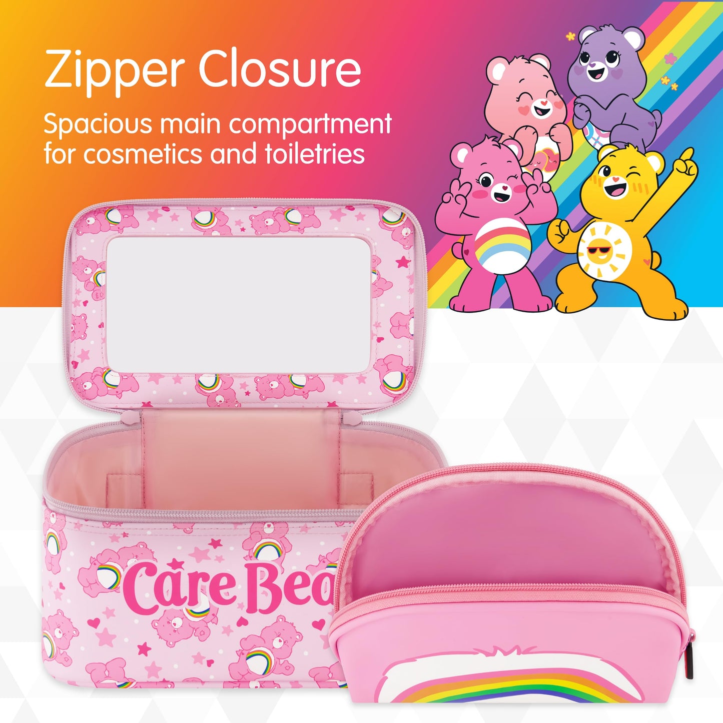 Concept One Care Bears Cosmetic Case Set, Rainbow and Cheer Bear 2-Piece Travel Cosmetic Carry Set with Zippers, Multi