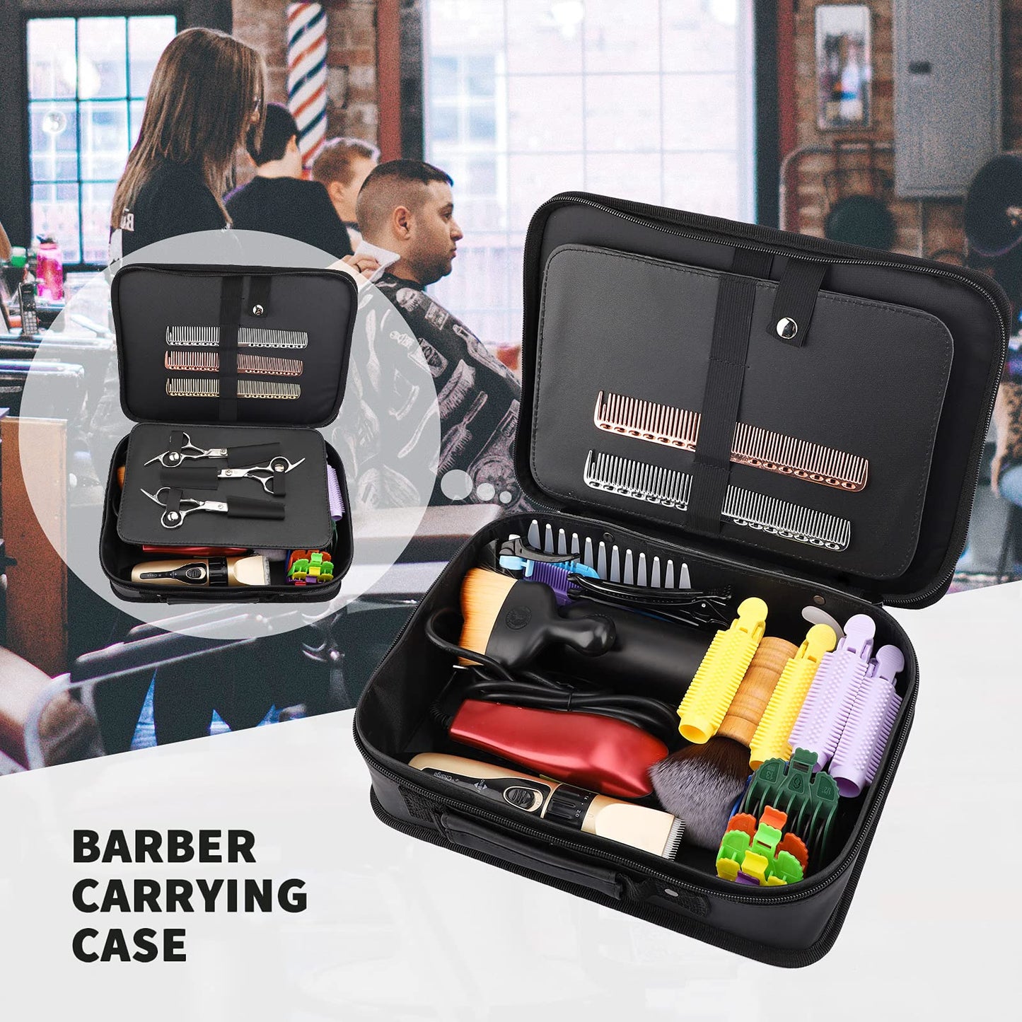 Segbeauty Barber Tool Bag, 11.8 x 8.5in PU Leather Travel Makeup Toiletry Carrying Case, Hair Styling Cutting Kit Storage Organizer for Clipper Shears Combs Cosmetics Salon Beauty Supplies