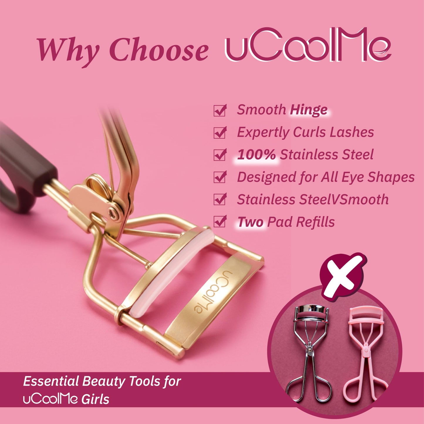 uCoolMe Eyelash Curler with 2 Refill Pads, No-Pinch Design & Comfort Grip for Natural Lash Lift, Cruelty-Free Lash Curler for All Eye Shapes, Easy to Use for Home and Travel (Gold)