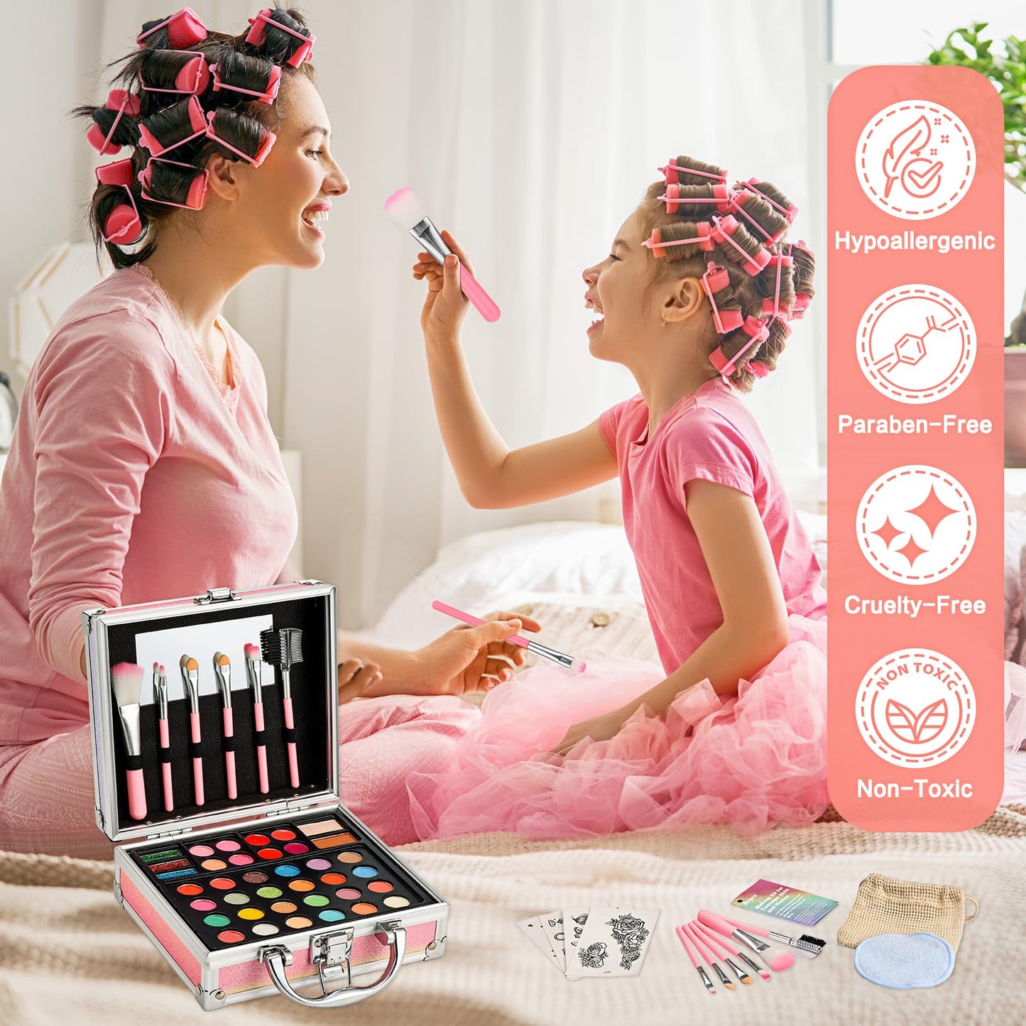 Anpro All-in-One Makeup Kit for Girls 10-12 with Case, Pro Teen Makeup Set, Tween Makeup Kit, Full Starter Make Up Kit with Brushes, Eyeshadow Palette, Blushes, Glitter Gel, Temporary Tattoo Stickers
