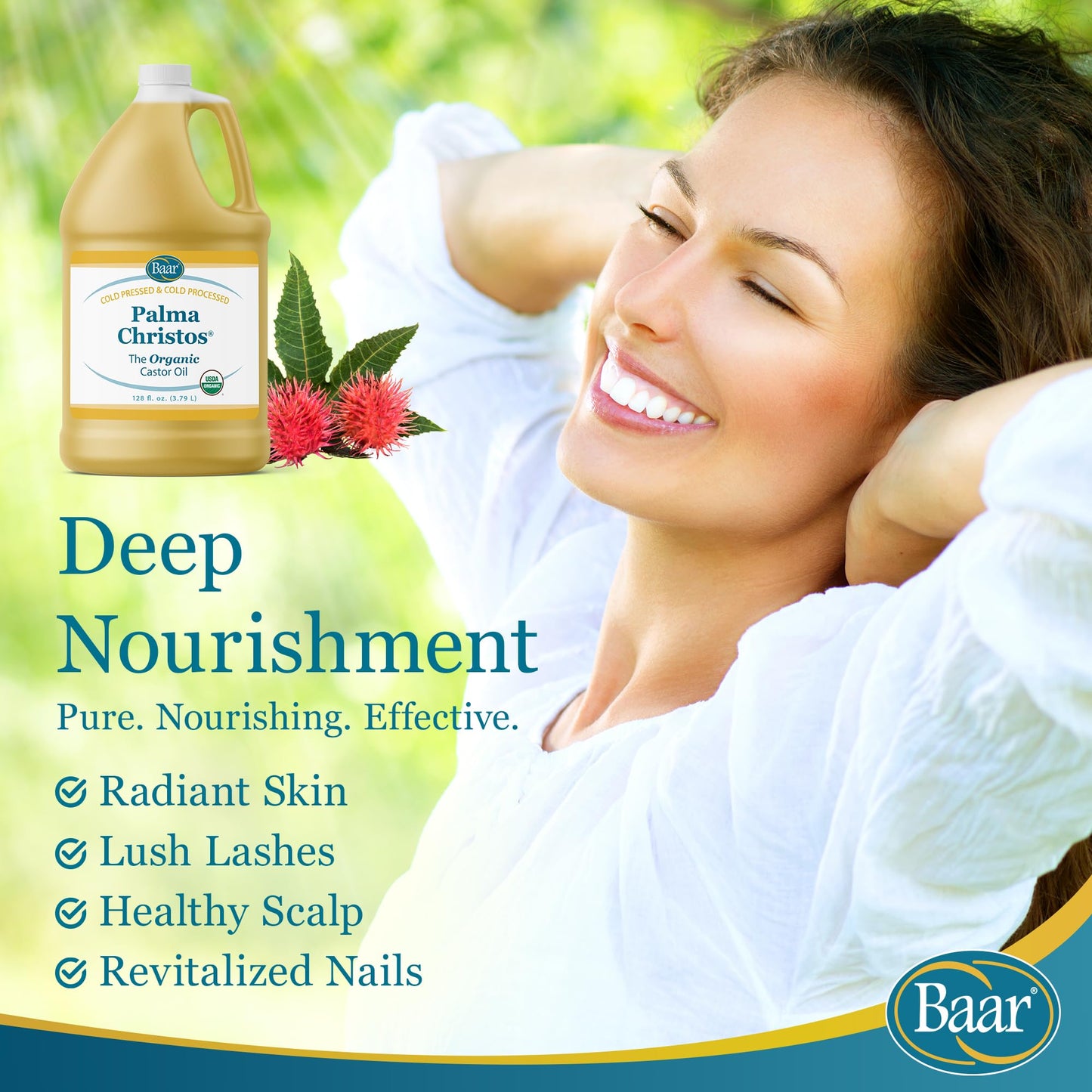 Baar Organic Castor Oil for Eyelash, Eyebrow and Hair Renewal, Skin Repair and Protection, Detox & Cleansing and Relief for Sore Muscles and Stiff Joints, Cold Pressed, Hexane Free, 128 fl oz / 1 gal