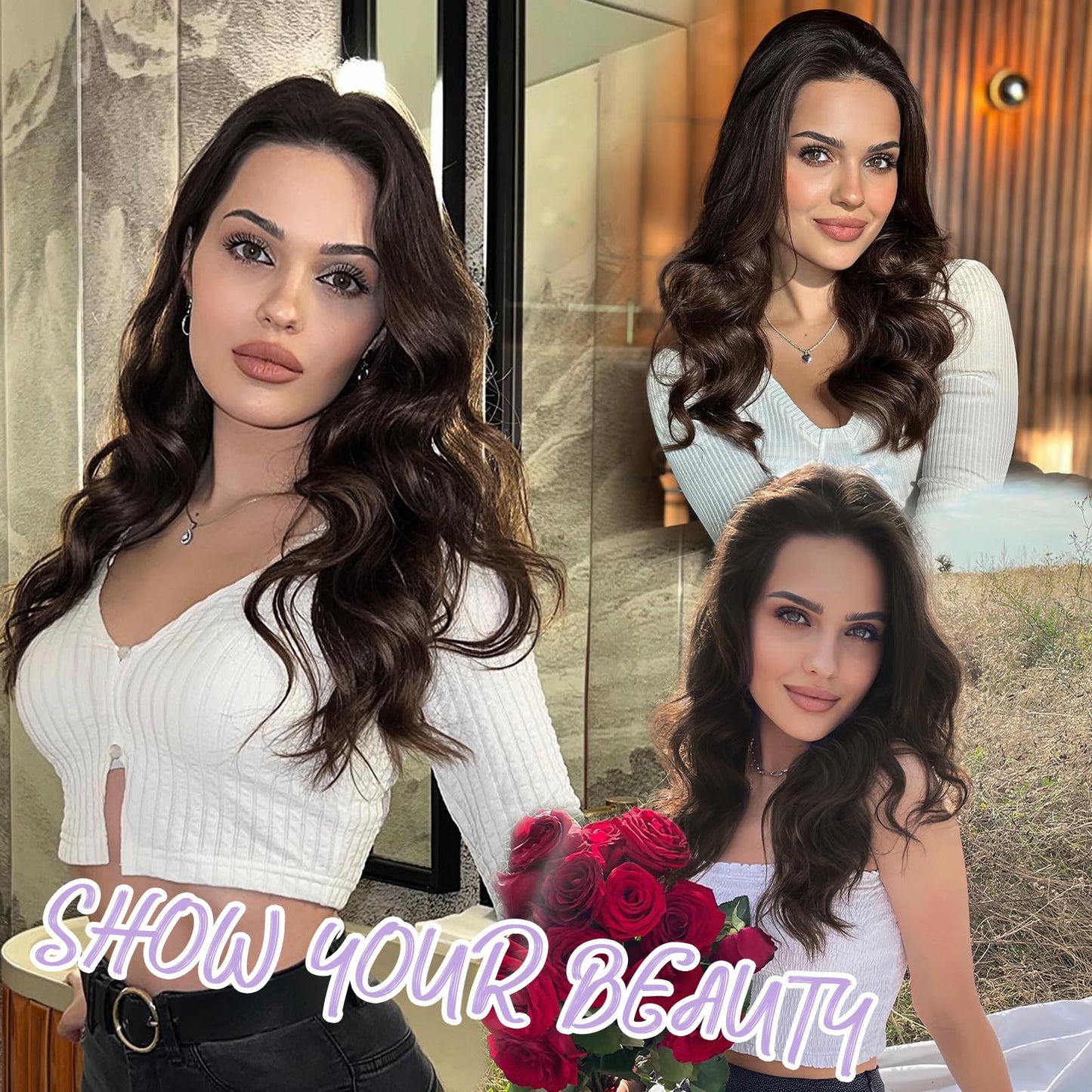 MORICA Dark Brown Wigs for Women 18 Inch Middle Part Medium Length Short Curly Wavy Wigs,Natural Synthetic Hair Womens Wigs for Daily Party/Halloween Use