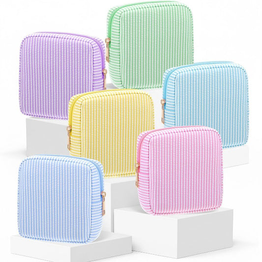 Sanwuta Seersucker Cosmetic Bag Bulk Striped Makeup Bag for Women Aesthetic Cute Travel Toiletry Organizer Preppy Storage Pouch for Wedding Bridesmaid Mother's Day Teacher Gift(Small,Macaron Color,6)