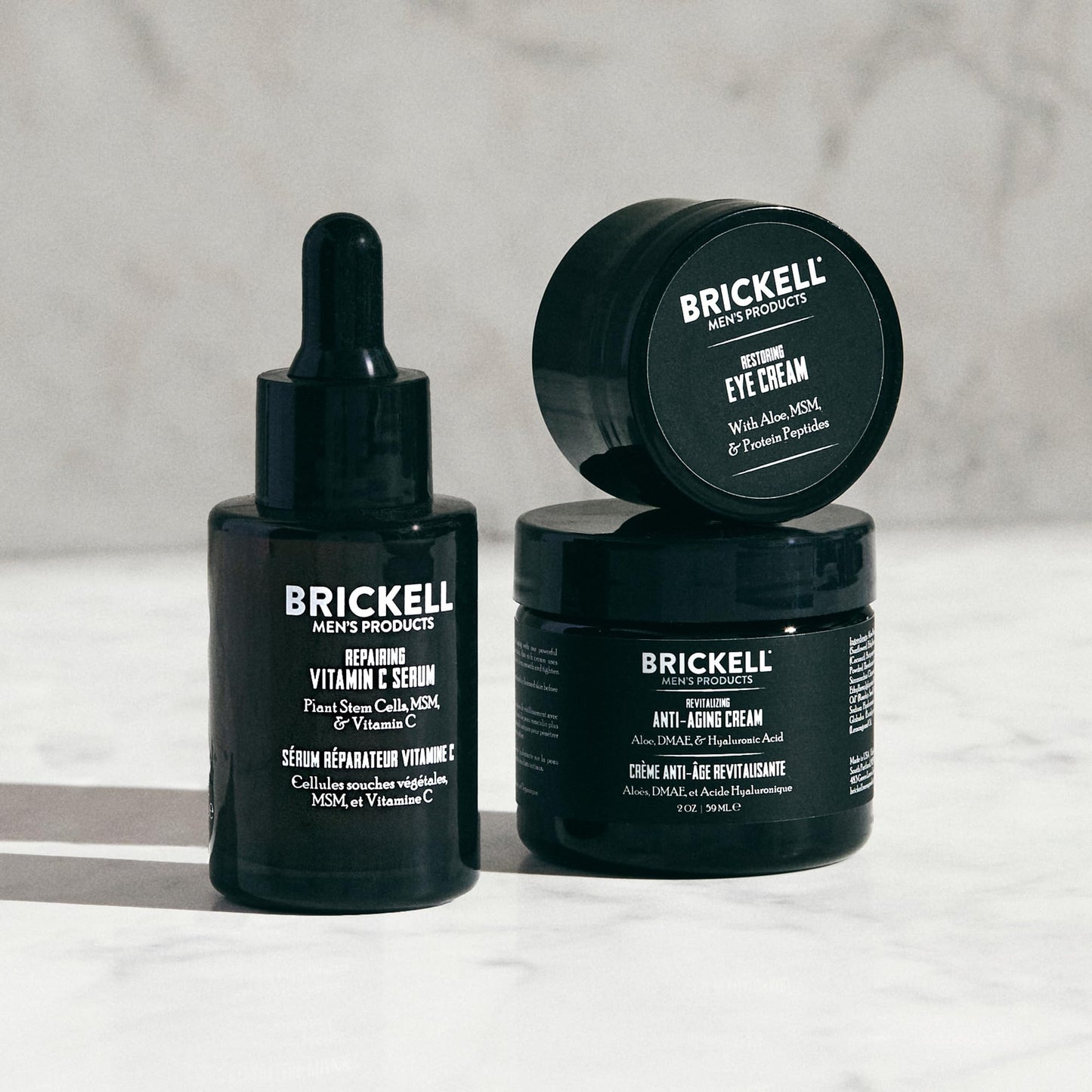 Brickell Men's Advanced Anti-Aging Routine, Night Face Cream, Facial Serum and Eye Cream, With Hyaluronic Acid, Vitamin C, and MSM