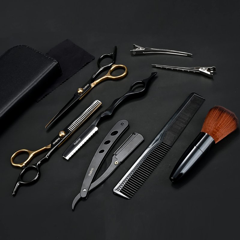 Barber Hair Cutting Scissors Set, Fozirut Professional Haircut Scissors Thinning Shears Straight Edge Razor Barber Accessories Hair Trimming Kit, Hairdresser Tools Haircutting Shears Pro for Men Women