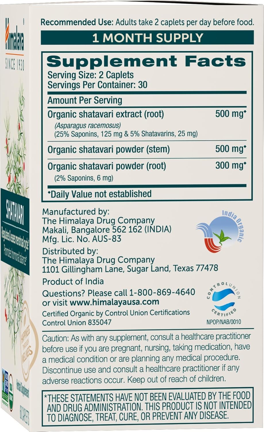 Himalaya Organic Shatavari Capsules - Hormone Balance & Menstrual Relief | Vegan, Gluten-Free, 1300 mg, 2-Pack