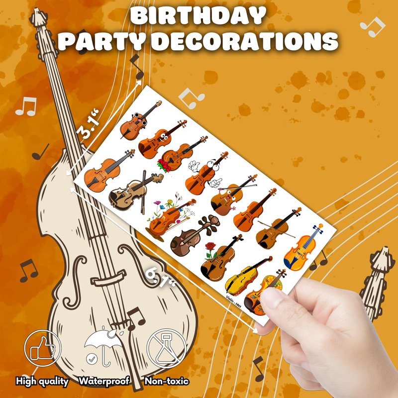 96PCS Violin Temporary Tattoos Music Themed Birthday Party Decorations Favors Supplies Decor Musical Instrument Orchestral Violinist Tattoo Stickers Gifts For Kids Boys Girls School Prizes Carnival