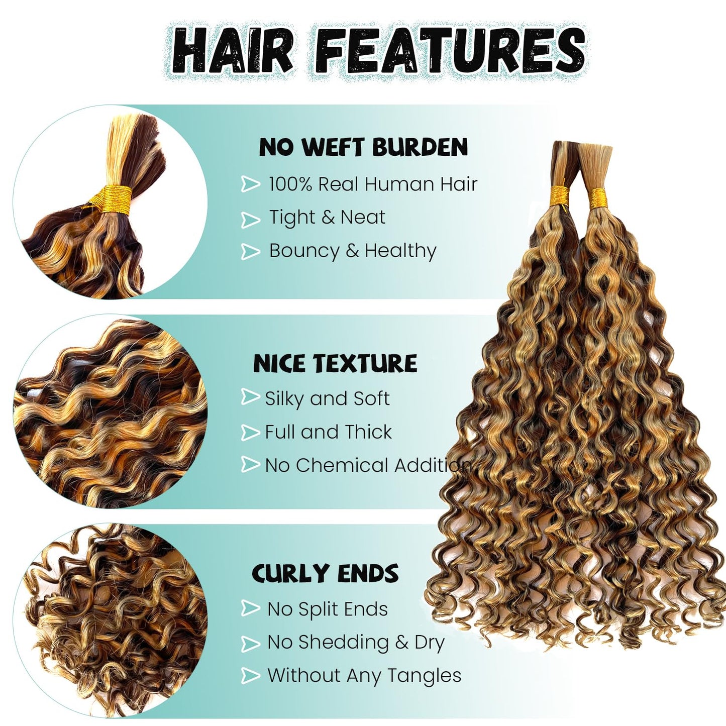 4/27 Honey Blonde Human Braiding Hair Deep Water Wave Bulk Human Hair for Braiding Highlights Curly Braiding Hair Extensions for Boho Braids 14 Inch 2 Bundles 100G Wet and Wavy Human Hair Braiding