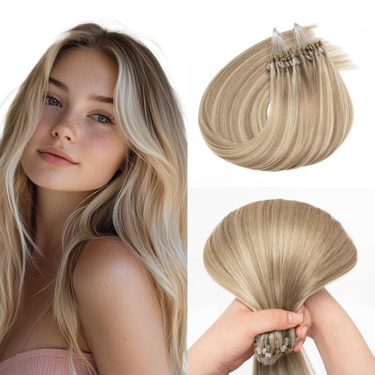 Microlink Hair Extensions Human Hair 14 Inch Blonde Highlight Micro Bead Hair Extensions #16/22 Micro Loop Hair Extension 1g/s 50g