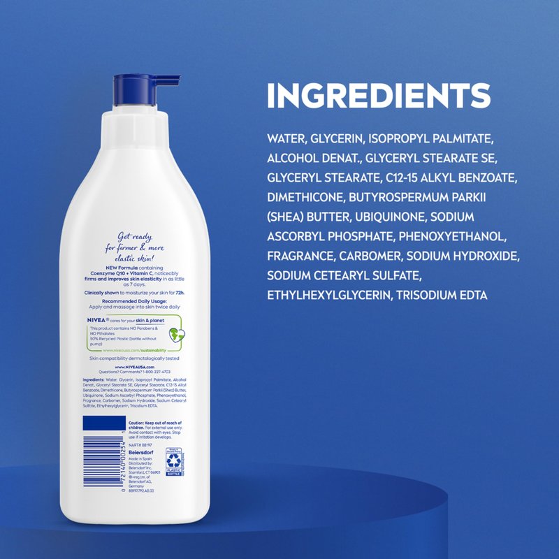 NIVEA Sheer Hydration Skin Firming Body Lotion with Q10 and Vitamin C, 72-Hour Body Moisturizer for Normal to Dry Skin, 16.9 Fl Oz Pump Bottle, Pack of 3
